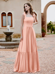 Robe Longueur au Sol en Mousseline à Encolure Carrée Corail Grande Taille