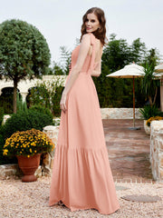 Robe Longueur au Sol en Mousseline à Encolure Carrée Corail Grande Taille