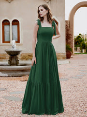 Robe Longueur au Sol en Mousseline à Encolure Carrée Vert Foncé Grande Taille