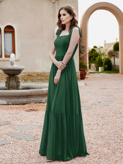 Robe Longueur au Sol en Mousseline à Encolure Carrée Vert Foncé Grande Taille