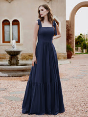Robe Longueur au Sol en Mousseline à Encolure Carrée Bleu Marine Grande Taille