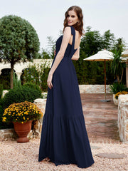 Robe Longueur au Sol en Mousseline à Encolure Carrée Bleu Marine Grande Taille