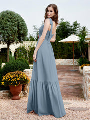 Robe Longueur au Sol en Mousseline à Encolure Carrée Bleu Poudré Grande Taille