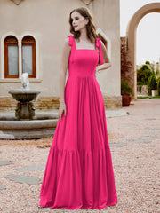 Robe Longueur au Sol en Mousseline à Encolure Carrée Fuchsia Grande Taille
