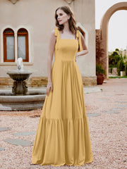 Robe Longueur au Sol en Mousseline à Encolure Carrée Or Grande Taille