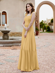 Robe Longueur au Sol en Mousseline à Encolure Carrée Or Grande Taille