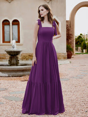 Robe Longueur au Sol en Mousseline à Encolure Carrée Raisin