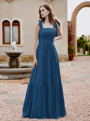 Robe Longueur au Sol en Mousseline à Encolure Carrée Bleu Encre Grande Taille