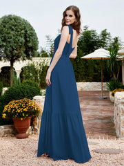 Robe Longueur au Sol en Mousseline à Encolure Carrée Bleu Encre Grande Taille