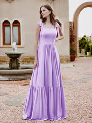 Robe Longueur au Sol en Mousseline à Encolure Carrée Lilas