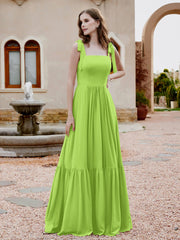Robe Longueur au Sol en Mousseline à Encolure Carrée Vert Citron Grande Taille