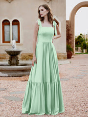 Robe Longueur au Sol en Mousseline à Encolure Carrée Vert Menthe