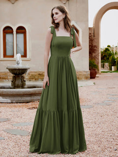 Robe Longueur au Sol en Mousseline à Encolure Carrée Olive Verte