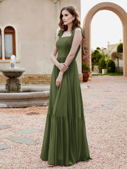 Robe Longueur au Sol en Mousseline à Encolure Carrée Olive Verte