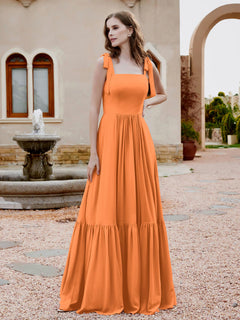 Robe Longueur au Sol en Mousseline à Encolure Carrée Orange