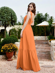 Robe Longueur au Sol en Mousseline à Encolure Carrée Orange