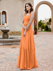 Robe Longueur au Sol en Mousseline à Encolure Carrée Orange