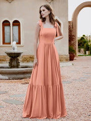 Robe Longueur au Sol en Mousseline à Encolure Carrée Papaye Grande Taille