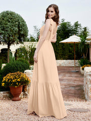 Robe Longueur au Sol en Mousseline à Encolure Carrée Pêche Grande Taille