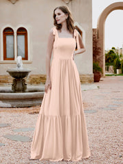 Robe Longueur au Sol en Mousseline à Encolure Carrée Rose Perle