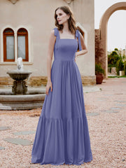 Robe Longueur au Sol en Mousseline à Encolure Carrée Pervenche