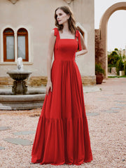 Robe Longueur au Sol en Mousseline à Encolure Carrée Rouge