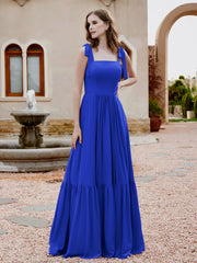 Robe Longueur au Sol en Mousseline à Encolure Carrée Bleu Royale