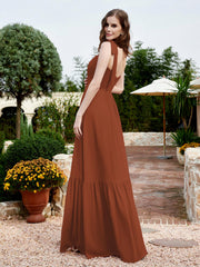 Robe Longueur au Sol en Mousseline à Encolure Carrée Rouille Grande Taille