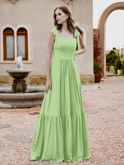 Robe Longueur au Sol en Mousseline à Encolure Carrée Sauge Grande Taille