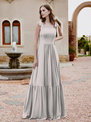 Robe Longueur au Sol en Mousseline à Encolure Carrée Argent