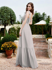 Robe Longueur au Sol en Mousseline à Encolure Carrée Argent Grande Taille