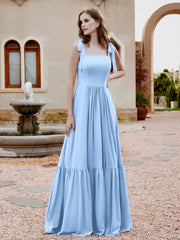 Robe Longueur au Sol en Mousseline à Encolure Carrée Bleu Ciel Grande Taille