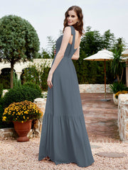 Robe Longueur au Sol en Mousseline à Encolure Carrée Bleu de Schiste Grande Taille