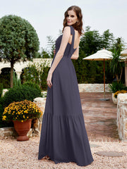 Robe Longueur au Sol en Mousseline à Encolure Carrée Orageux Grande Taille