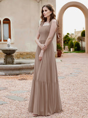 Robe Longueur au Sol en Mousseline à Encolure Carrée Taupe