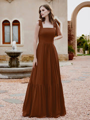 Robe Longueur au Sol en Mousseline à Encolure Carrée Terracotta