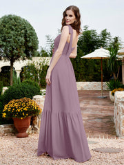 Robe Longueur au Sol en Mousseline à Encolure Carrée Vintage Mauve Grande Taille