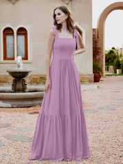 Robe Longueur au Sol en Mousseline à Encolure Carrée Vintage Mauve Grande Taille