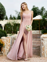 Robe en Mousseline à Bretelles Spaghetti et Col en V avec Fente Rose Poudré Grande Taille