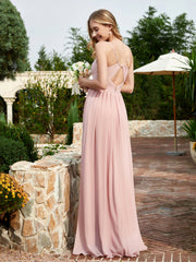 Robe en Mousseline à Bretelles Spaghetti et Col en V avec Fente Rose Poudré Grande Taille