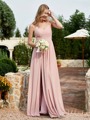 Robe en Mousseline à Bretelles Spaghetti et Col en V avec Fente Rose Poudré Grande Taille