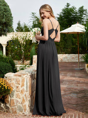 Robe en Mousseline à Bretelles Spaghetti et Col en V avec Fente Noir Grande Taille