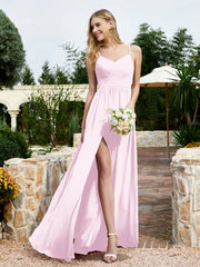 Robe en Mousseline à Bretelles Spaghetti et Col en V avec Fente Rose Pâle Grande Taille