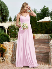 Robe en Mousseline à Bretelles Spaghetti et Col en V avec Fente Rose Pâle Grande Taille
