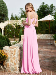 Robe en Mousseline à Bretelles Spaghetti et Col en V avec Fente Rose Bonbon Grande Taille