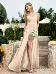 Robe en Mousseline à Bretelles Spaghetti et Col en V avec Fente Champagne Grande Taille