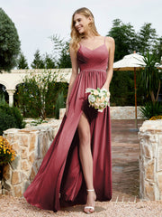 Robe en Mousseline à Bretelles Spaghetti et Col en V avec Fente Cannelle Rose Grande Taille
