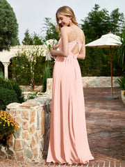 Robe en Mousseline à Bretelles Spaghetti et Col en V avec Fente Corail