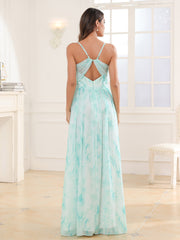 Robe en Mousseline à Bretelles Spaghetti et Col en V avec Fente Nuage Menthe