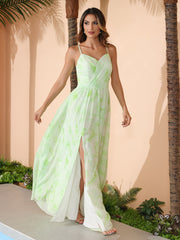 Robe en Mousseline à Bretelles Spaghetti et Col en V avec Fente Sage Dream